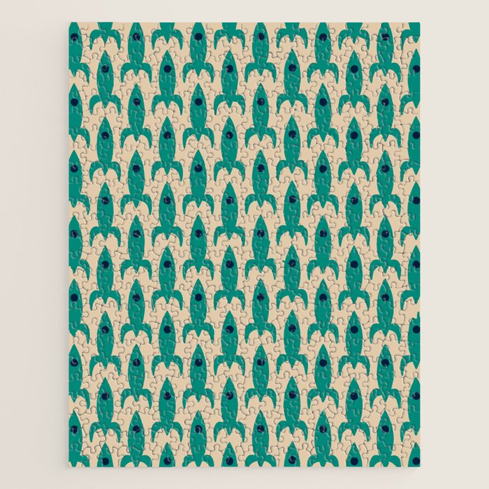 Space Age Rocket Ships - Atomic Age Mid-Century Modern Pattern in Teal and Mid Mod Beige Jigsaw Puzzle Gallery Image 1