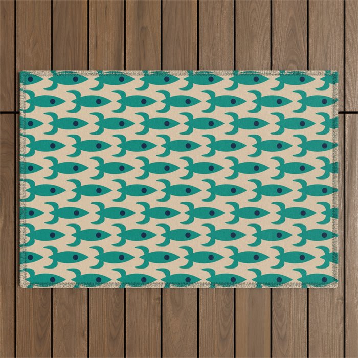 Space Age Rocket Ships - Atomic Age Mid-Century Modern Pattern in Teal and Mid Mod Beige Outdoor Rug Gallery Image 1