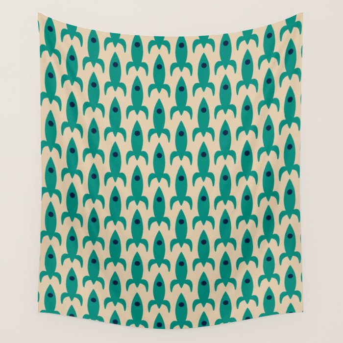 Space Age Rocket Ships - Atomic Age Mid-Century Modern Pattern in Teal and Mid Mod Beige Wall Tapestry Gallery Image 1