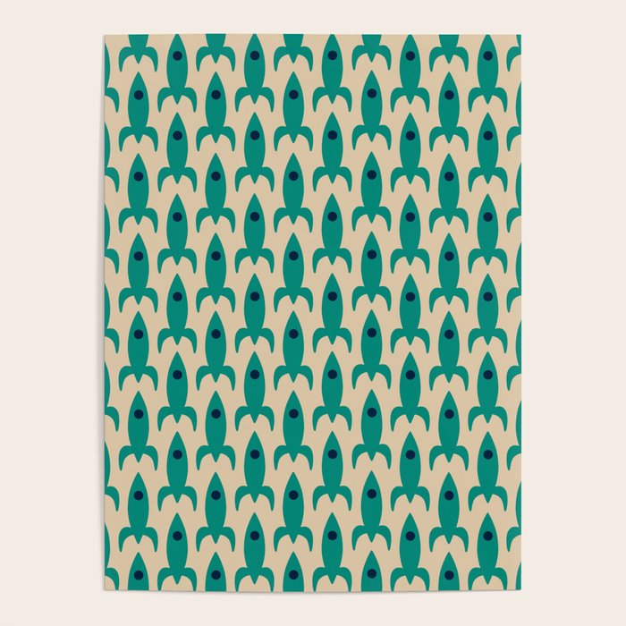Space Age Rocket Ships - Atomic Age Mid-Century Modern Pattern in Teal and Mid Mod Beige Poster Gallery Image 1