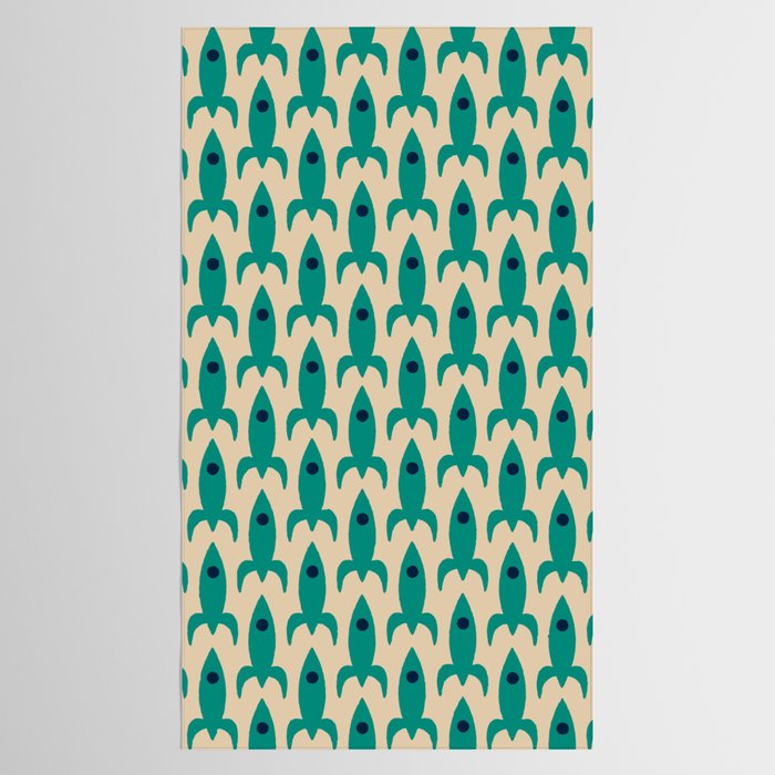 Space Age Rocket Ships - Atomic Age Mid-Century Modern Pattern in Teal and Mid Mod Beige Tablecloth Gallery Image 2