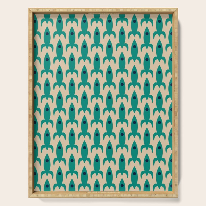 Space Age Rocket Ships - Atomic Age Mid-Century Modern Pattern in Teal and Mid Mod Beige Serving Tray Gallery Image 1