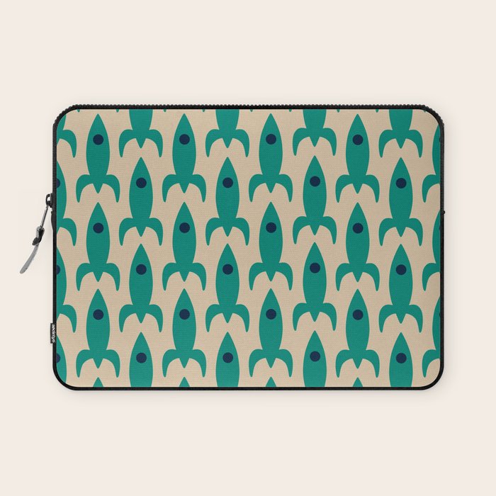 Space Age Rocket Ships - Atomic Age Mid-Century Modern Pattern in Teal and Mid Mod Beige Laptop Sleeve Gallery Image 1