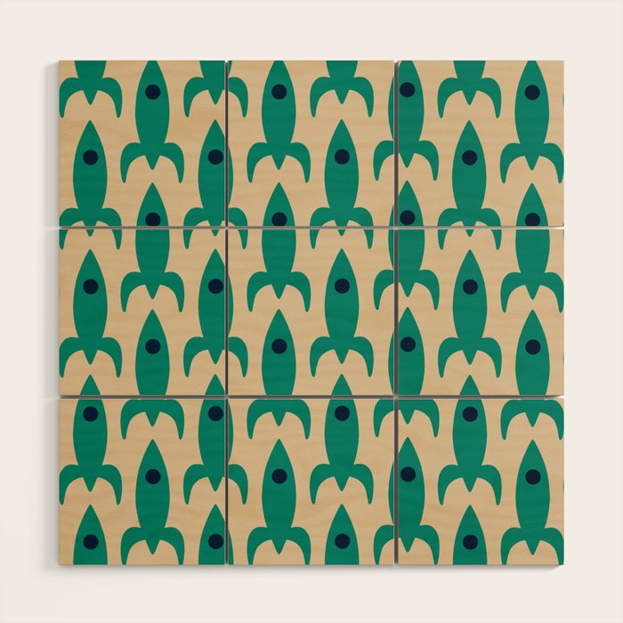 Space Age Rocket Ships - Atomic Age Mid-Century Modern Pattern in Teal and Mid Mod Beige Wood Wall Art Gallery Image 1