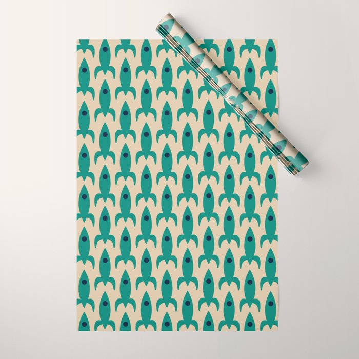 Space Age Rocket Ships - Atomic Age Mid-Century Modern Pattern in Teal and Mid Mod Beige Wrapping Paper Gallery Image 1