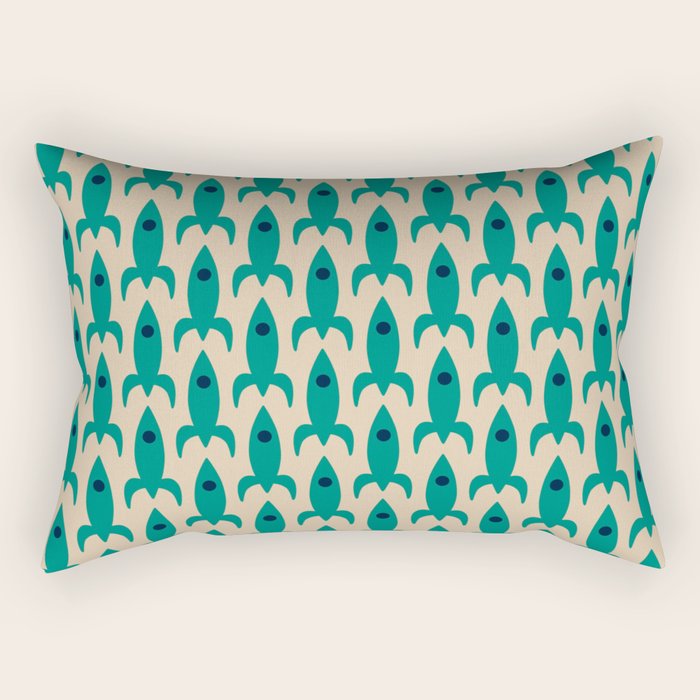Space Age Rocket Ships - Atomic Age Mid-Century Modern Pattern in Teal and Mid Mod Beige Rectangular Pillow Gallery Image 1