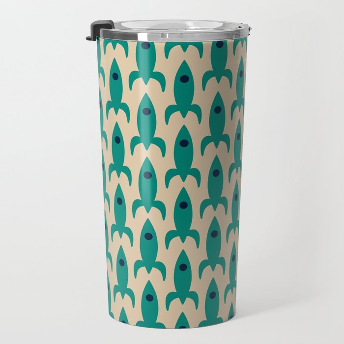 Space Age Rocket Ships - Atomic Age Mid-Century Modern Pattern in Teal and Mid Mod Beige Travel Mug Gallery Image 3