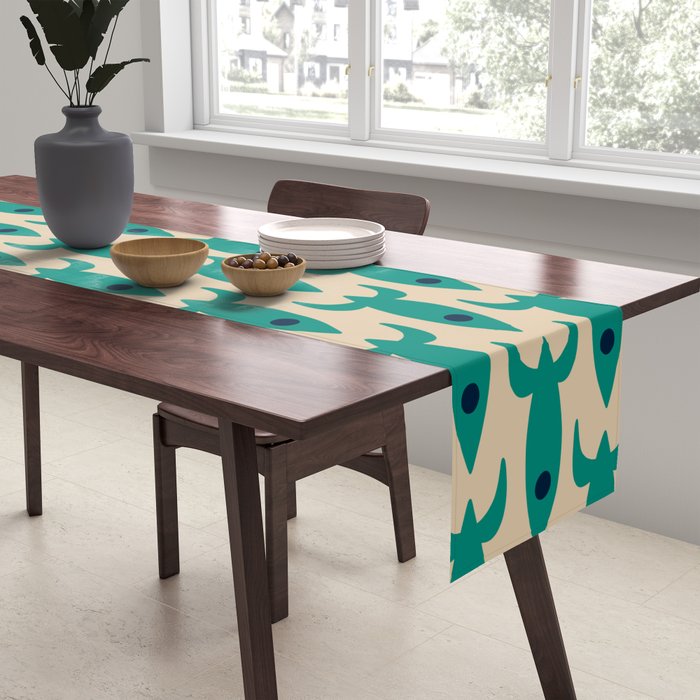 Space Age Rocket Ships - Atomic Age Mid-Century Modern Pattern in Teal and Mid Mod Beige Table Runner Gallery Image 2