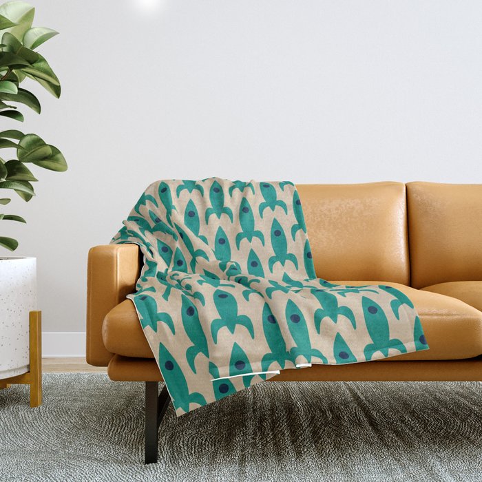 Space Age Rocket Ships - Atomic Age Mid-Century Modern Pattern in Teal and Mid Mod Beige Throw Blanket Gallery Image 1