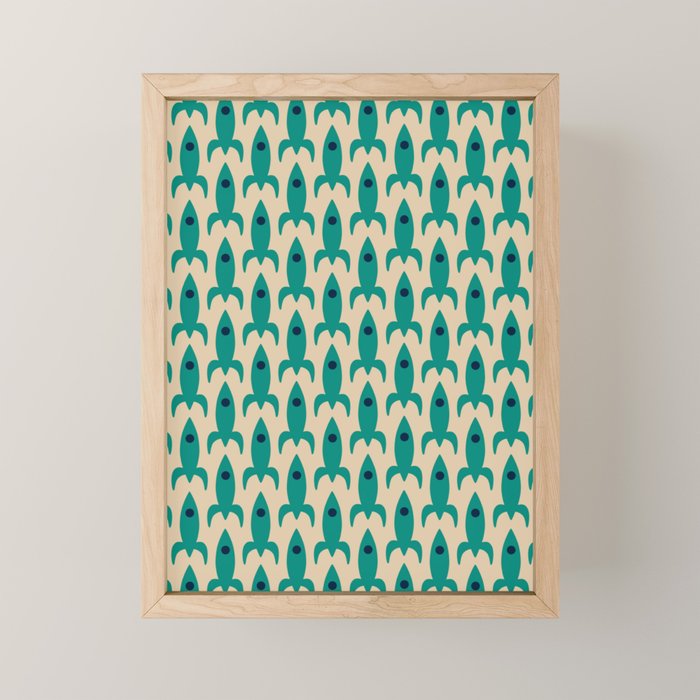 Space Age Rocket Ships - Atomic Age Mid-Century Modern Pattern in Teal and Mid Mod Beige Mini Art Print Gallery Image 1