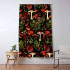 Vintage Dark Red Mushrooms And Poppies Botanical Midnight Garden Window Curtain Gallery Image 5
