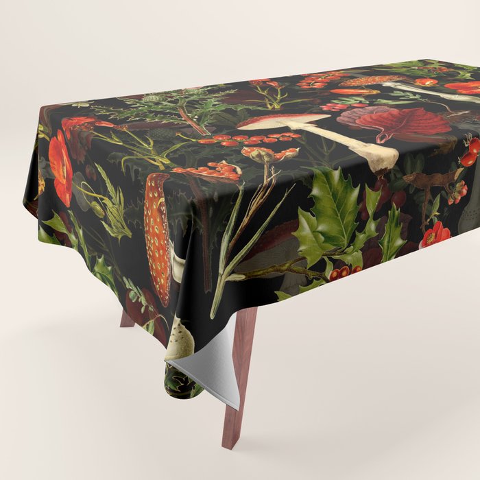 Vintage Dark Red Mushrooms And Poppies Botanical Midnight Garden Tablecloth Gallery Image 1