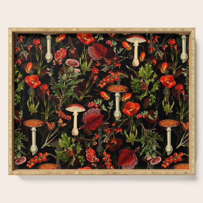 Vintage Dark Red Mushrooms And Poppies Botanical Midnight Garden Serving Tray Gallery Image 1