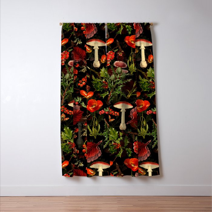 Vintage Dark Red Mushrooms And Poppies Botanical Midnight Garden Window Curtain Gallery Image 3
