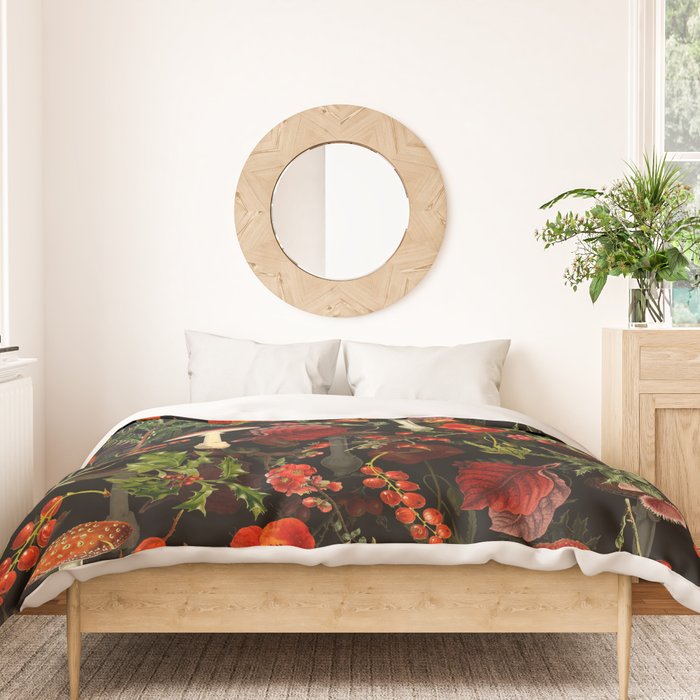Vintage Dark Red Mushrooms And Poppies Botanical Midnight Garden Duvet Cover Gallery Image 3