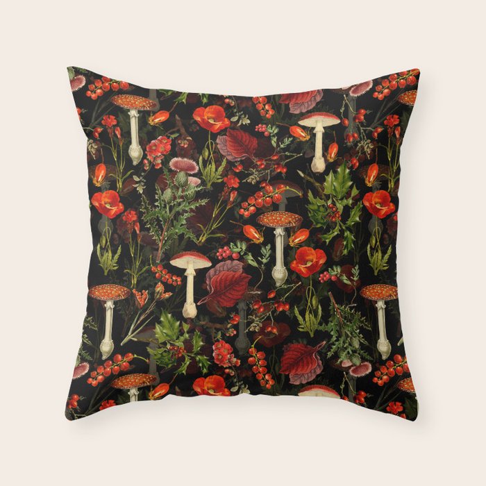 Vintage Dark Red Mushrooms And Poppies Botanical Midnight Garden Throw Pillow Gallery Image 6