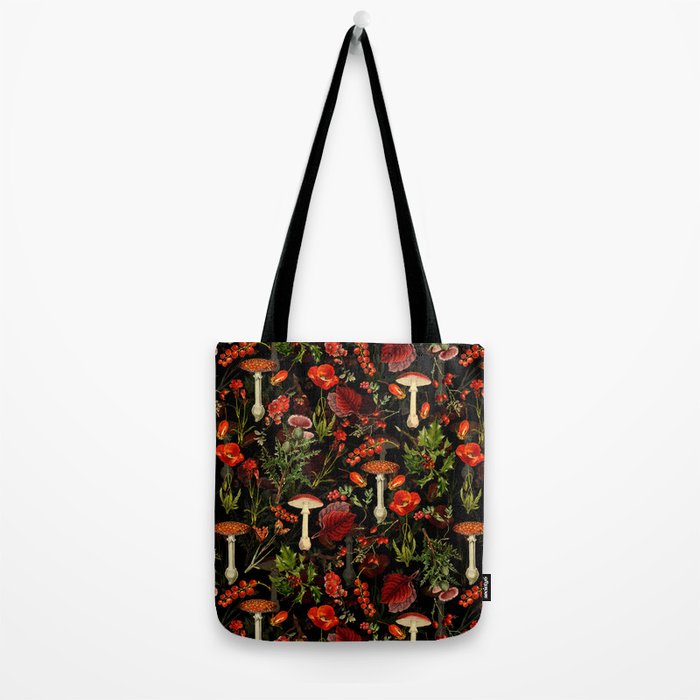 Vintage Dark Red Mushrooms And Poppies Botanical Midnight Garden Tote Bag Gallery Image 2