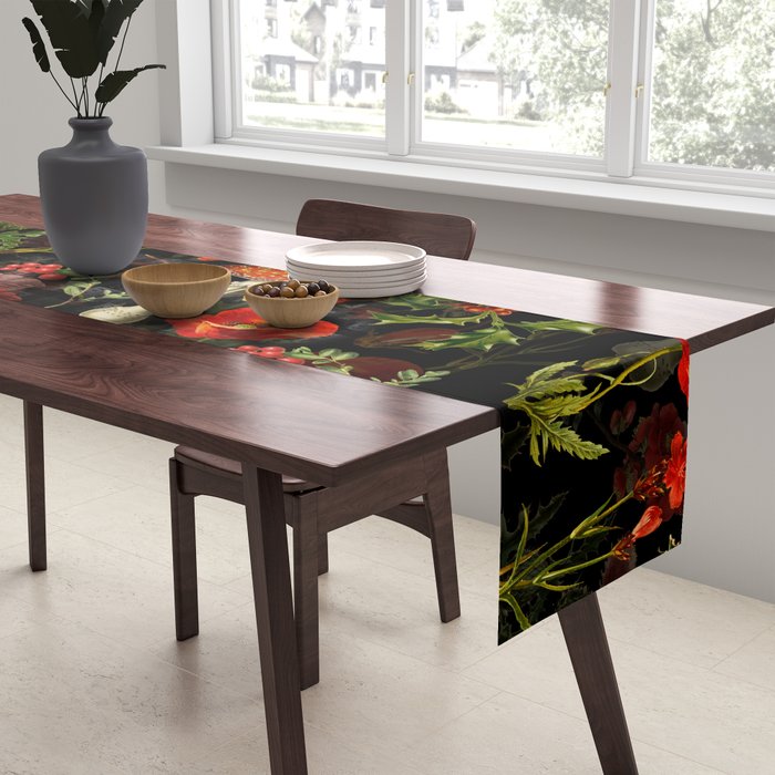 Vintage Dark Red Mushrooms And Poppies Botanical Midnight Garden Table Runner Gallery Image 2
