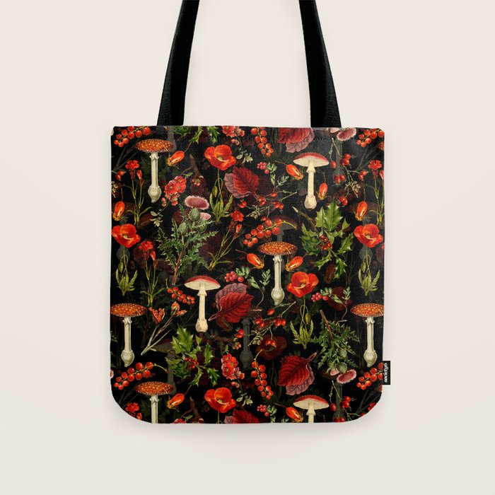 Vintage Dark Red Mushrooms And Poppies Botanical Midnight Garden Tote Bag Gallery Image 1