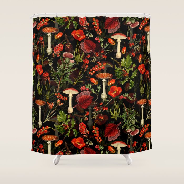 Vintage Dark Red Mushrooms And Poppies Botanical Midnight Garden Shower Curtain Gallery Image 1