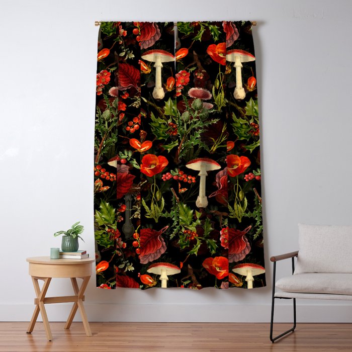 Vintage Dark Red Mushrooms And Poppies Botanical Midnight Garden Window Curtain Gallery Image 1