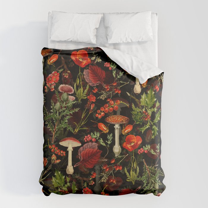 Vintage Dark Red Mushrooms And Poppies Botanical Midnight Garden Duvet Cover Gallery Image 6