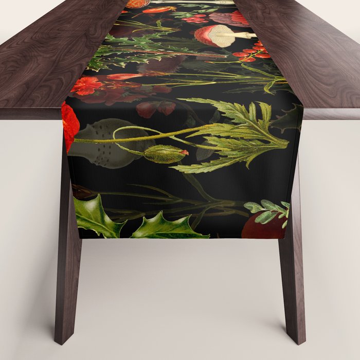 Vintage Dark Red Mushrooms And Poppies Botanical Midnight Garden Table Runner Gallery Image 1