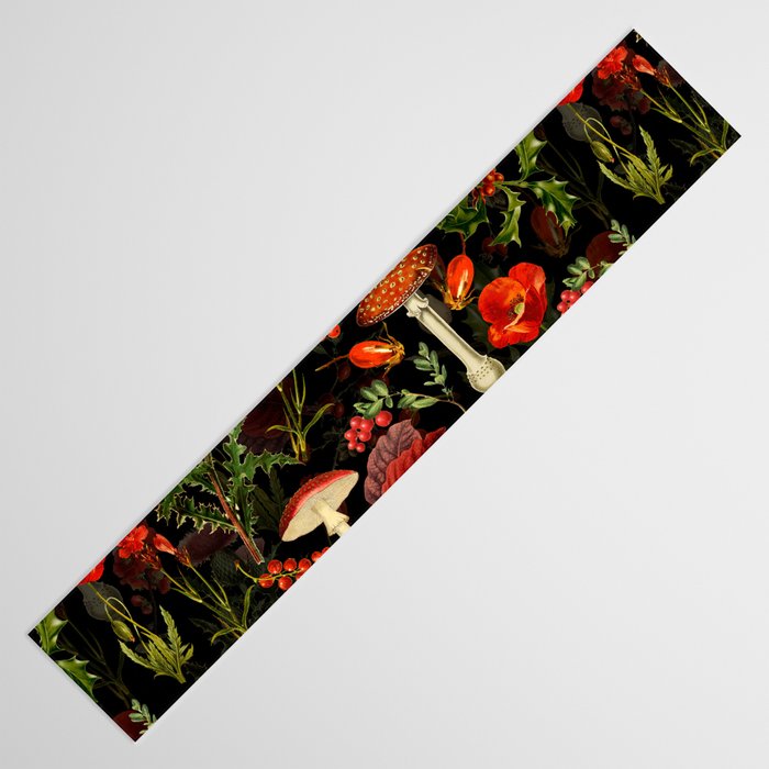 Vintage Dark Red Mushrooms And Poppies Botanical Midnight Garden Table Runner Gallery Image 3
