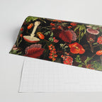 Vintage Dark Red Mushrooms And Poppies Botanical Midnight Garden Wrapping Paper Gallery Image 2