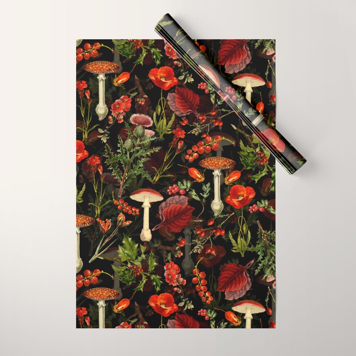 Vintage Dark Red Mushrooms And Poppies Botanical Midnight Garden Wrapping Paper Gallery Image 1