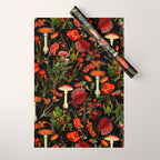 Vintage Dark Red Mushrooms And Poppies Botanical Midnight Garden Wrapping Paper Gallery Image 1