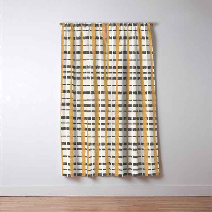 Hygge Plaid Painted Stripe Pattern Ochre Charcoal Cream Window Curtain Gallery Image 3