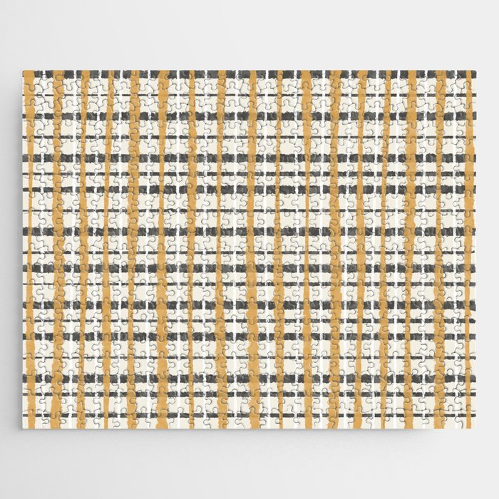 Hygge Plaid Painted Stripe Pattern Ochre Charcoal Cream Jigsaw Puzzle Gallery Image 1