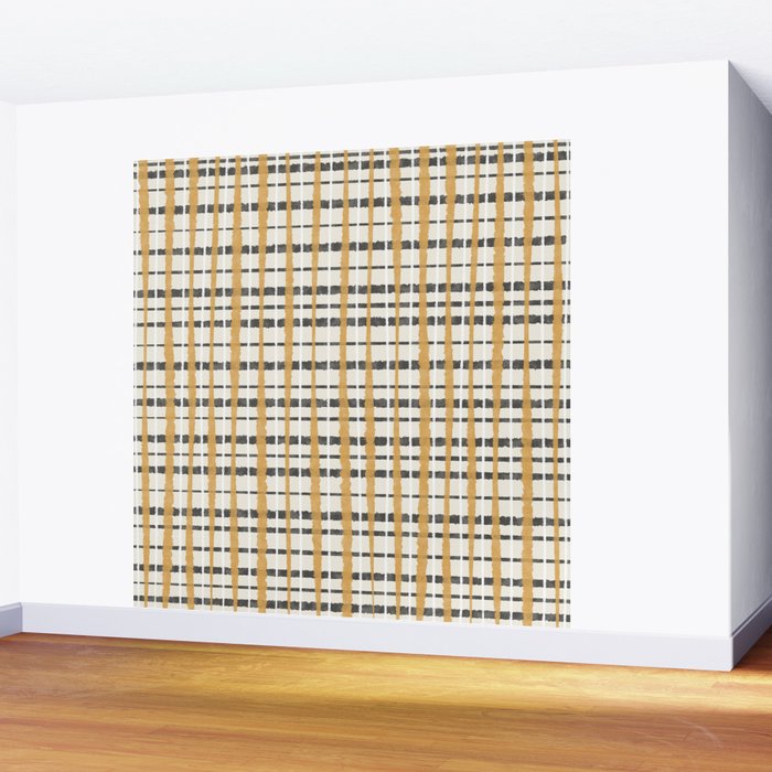 Hygge Plaid Painted Stripe Pattern Ochre Charcoal Cream Wall Mural Gallery Image 2