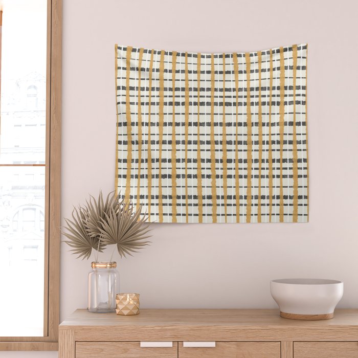 Hygge Plaid Painted Stripe Pattern Ochre Charcoal Cream Wall Tapestry Gallery Image 2