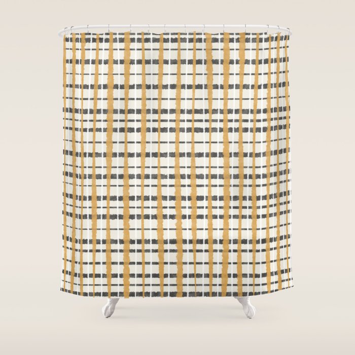 Hygge Plaid Painted Stripe Pattern Ochre Charcoal Cream Shower Curtain Gallery Image 1
