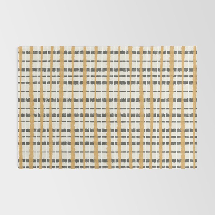 Hygge Plaid Painted Stripe Pattern Ochre Charcoal Cream Rug Gallery Image 2
