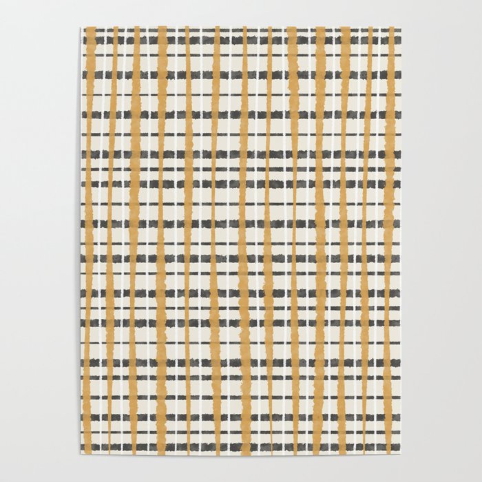 Hygge Plaid Painted Stripe Pattern Ochre Charcoal Cream Poster Gallery Image 4
