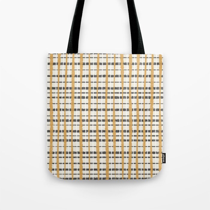 Hygge Plaid Painted Stripe Pattern Ochre Charcoal Cream Tote Bag Gallery Image 1