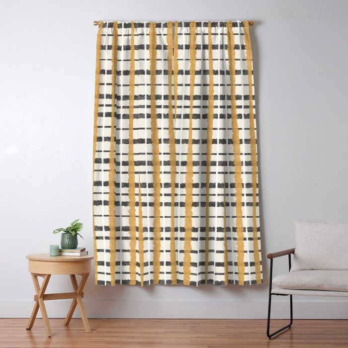 Hygge Plaid Painted Stripe Pattern Ochre Charcoal Cream Window Curtain Gallery Image 5