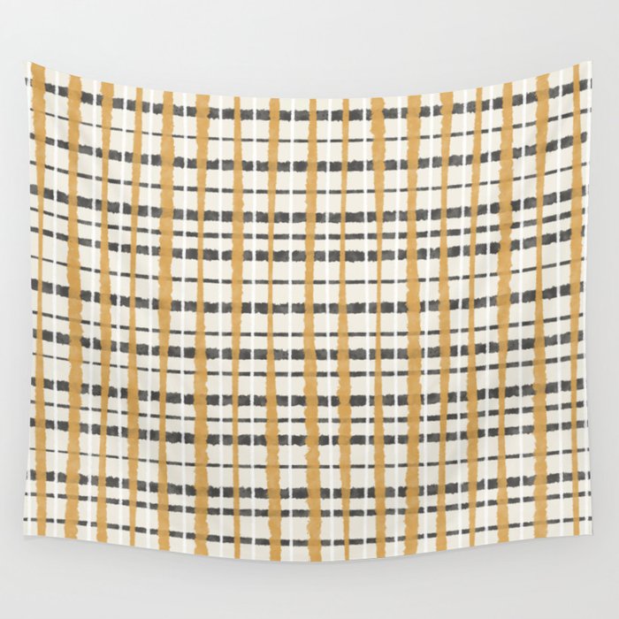 Hygge Plaid Painted Stripe Pattern Ochre Charcoal Cream Wall Tapestry Gallery Image 4