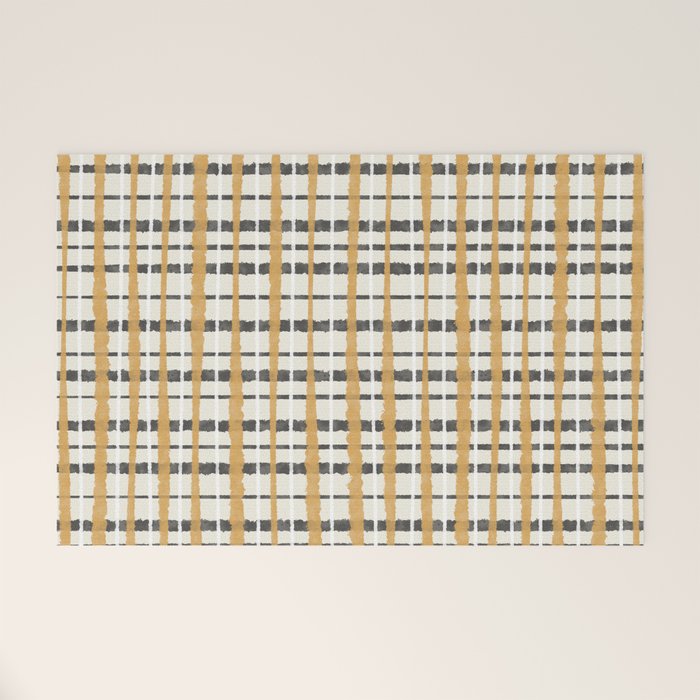 Hygge Plaid Painted Stripe Pattern Ochre Charcoal Cream Welcome Mat Gallery Image 1