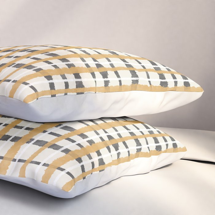Hygge Plaid Painted Stripe Pattern Ochre Charcoal Cream Pillow Sham Gallery Image 3
