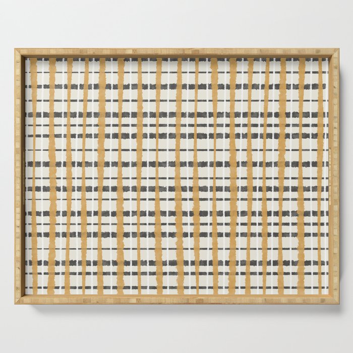 Hygge Plaid Painted Stripe Pattern Ochre Charcoal Cream Serving Tray Gallery Image 1