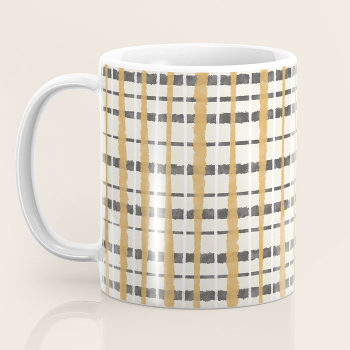 Hygge Plaid Painted Stripe Pattern Ochre Charcoal Cream Coffee Mug Gallery Image 3