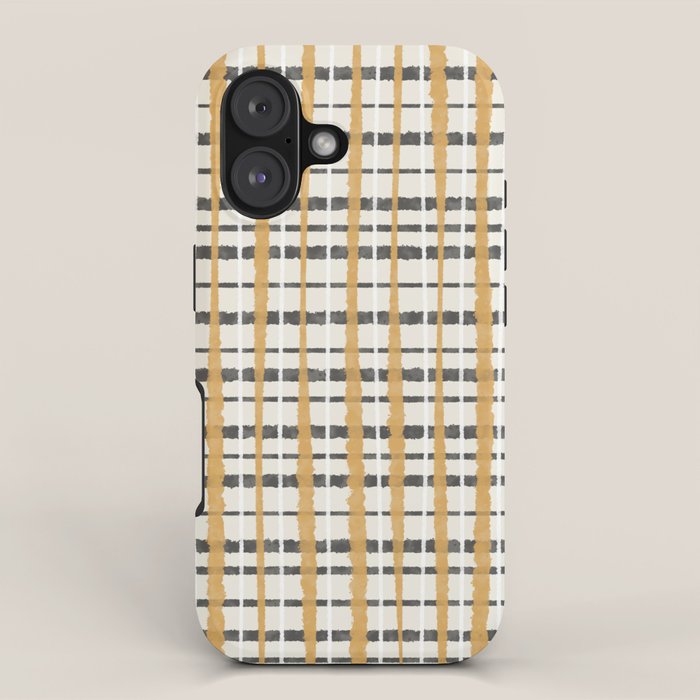 Hygge Plaid Painted Stripe Pattern Ochre Charcoal Cream iPhone Case Gallery Image 1