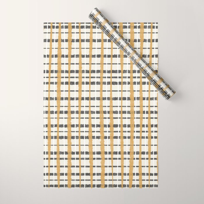 Hygge Plaid Painted Stripe Pattern Ochre Charcoal Cream Wrapping Paper Gallery Image 1