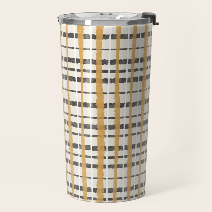 Hygge Plaid Painted Stripe Pattern Ochre Charcoal Cream Travel Mug Gallery Image 2