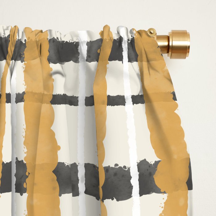 Hygge Plaid Painted Stripe Pattern Ochre Charcoal Cream Window Curtain Gallery Image 2