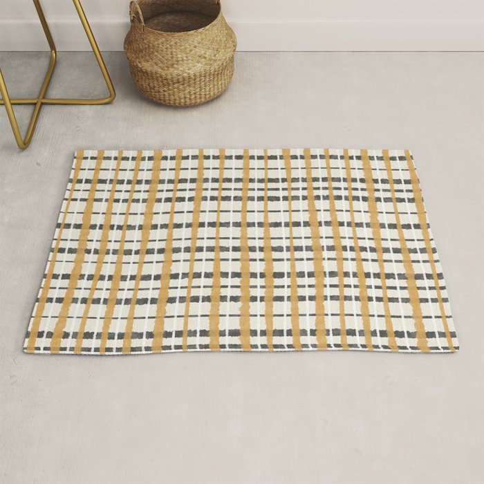 Hygge Plaid Painted Stripe Pattern Ochre Charcoal Cream Rug Gallery Image 1